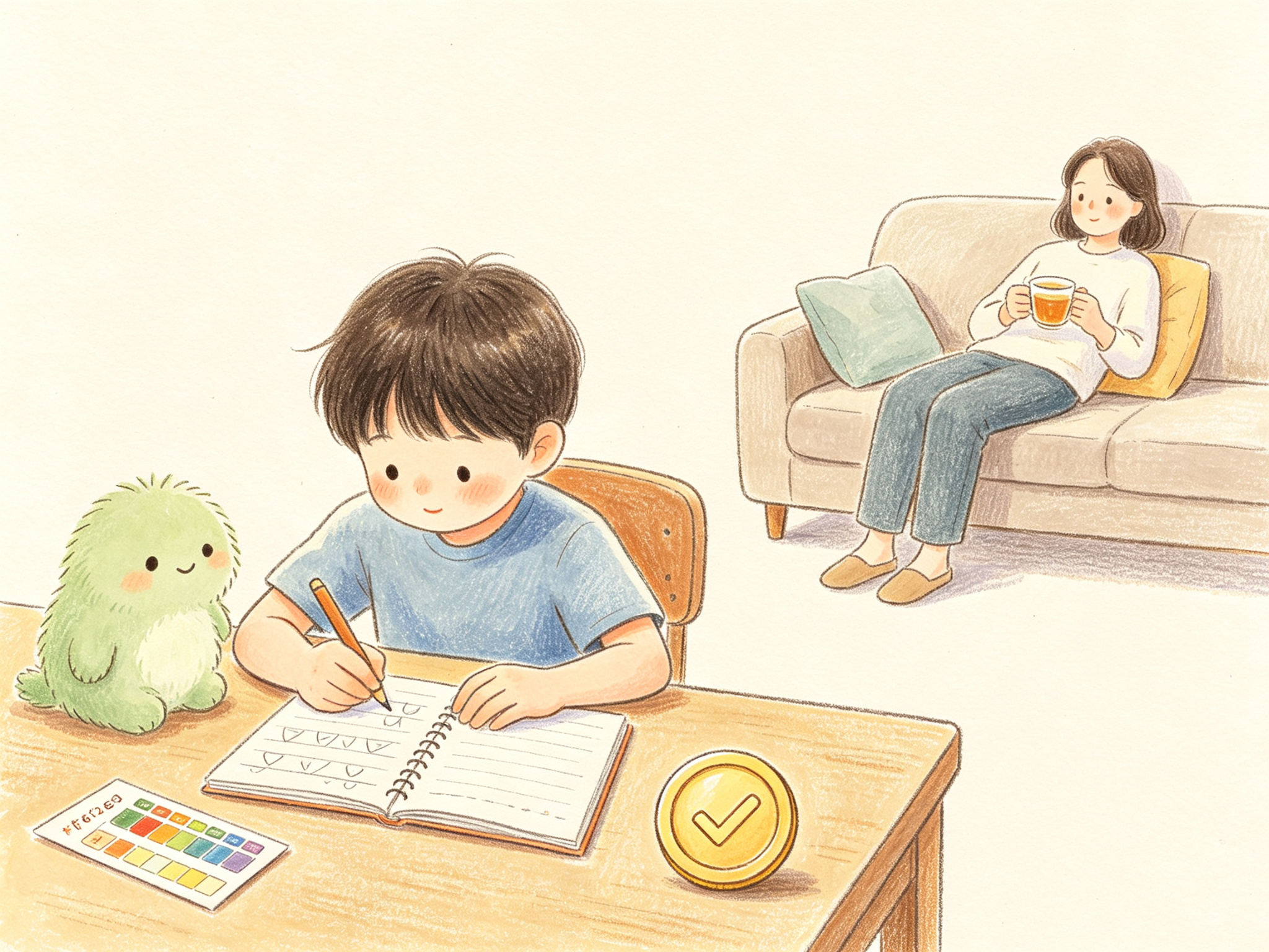 孩子专注学习、小同伴陪伴,桌上有进度卡与积分硬币,家长在一旁放松喝茶